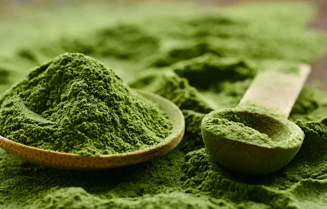 hero image: close‑up of green superfood powder bowl with fresh leafy greens
