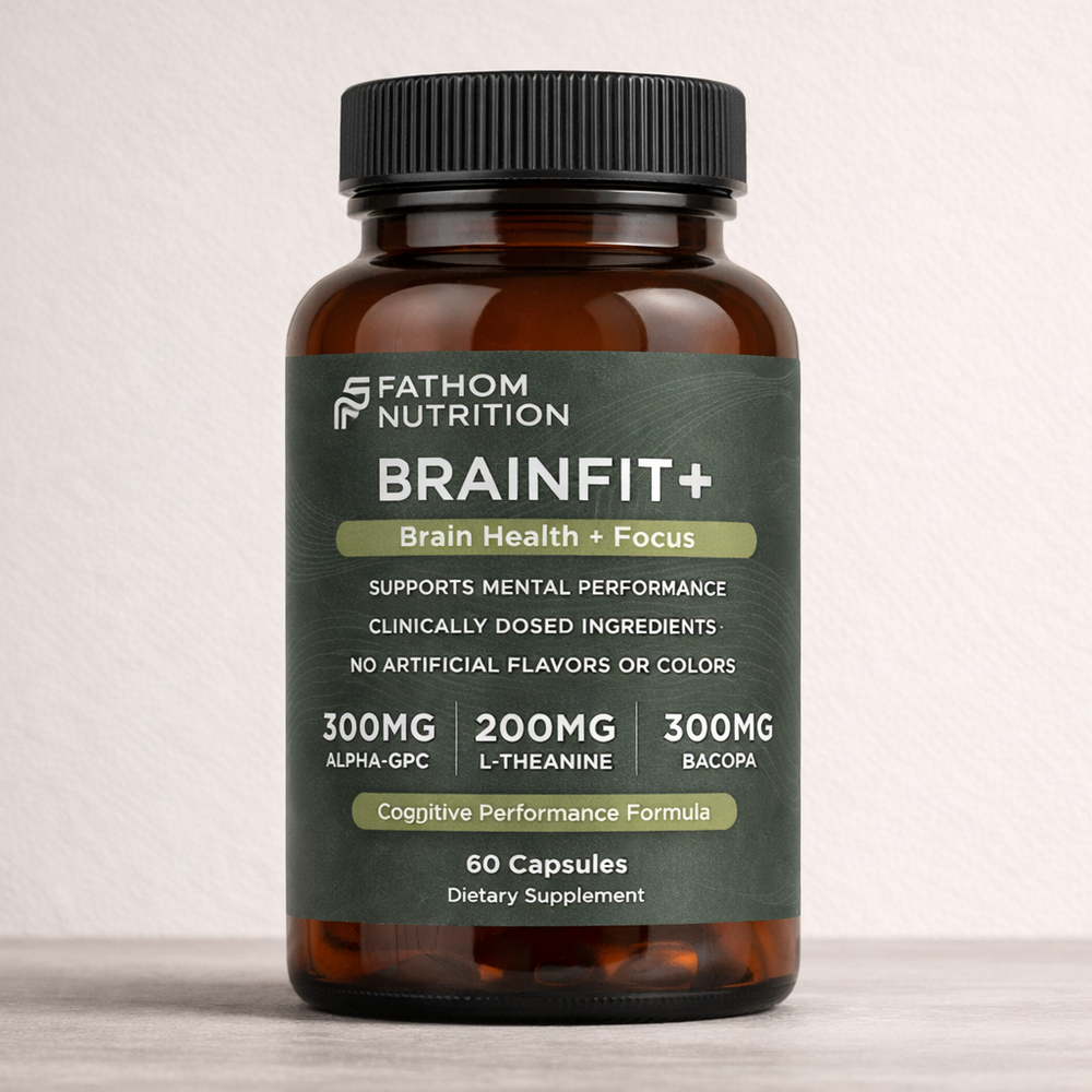 Supplement bottle labeled 'BrainFit+' by Fathom Nutrition on a light background