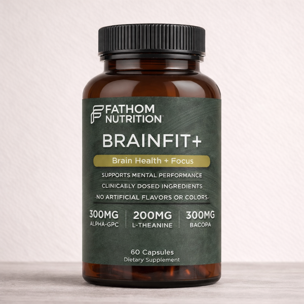 Supplement bottle labeled 'Fathom Nutrition BrainFit+' on a light background