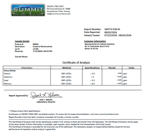 A certificate of analysis document from Sumi Laboratories, Inc., showing sample details, customer information, and a table with chemistry results for arsenic, cadmium, lead, and mercury.