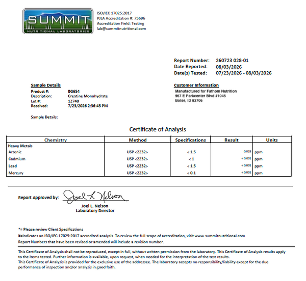 A certificate of analysis document from Sumi Laboratories, Inc., showing sample details, customer information, and a table with chemistry results for arsenic, cadmium, lead, and mercury.