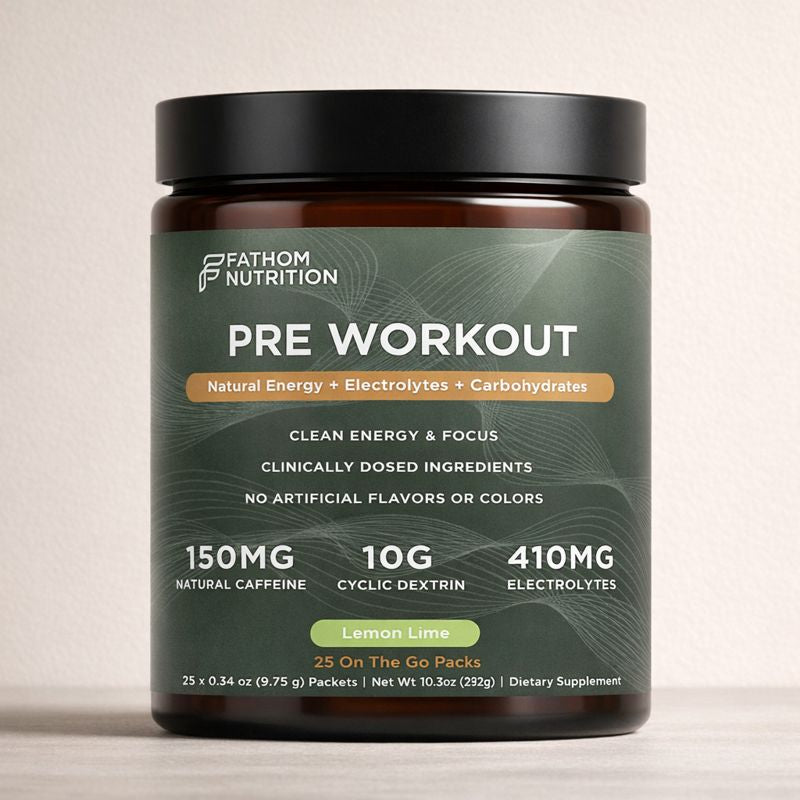 Pre-workout supplement container with Fathom Nutrition branding on a light background