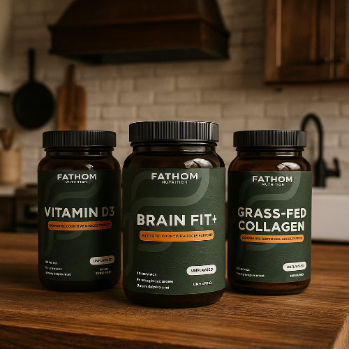 Three Fathom Nutrition supplement jars on a kitchen counter.