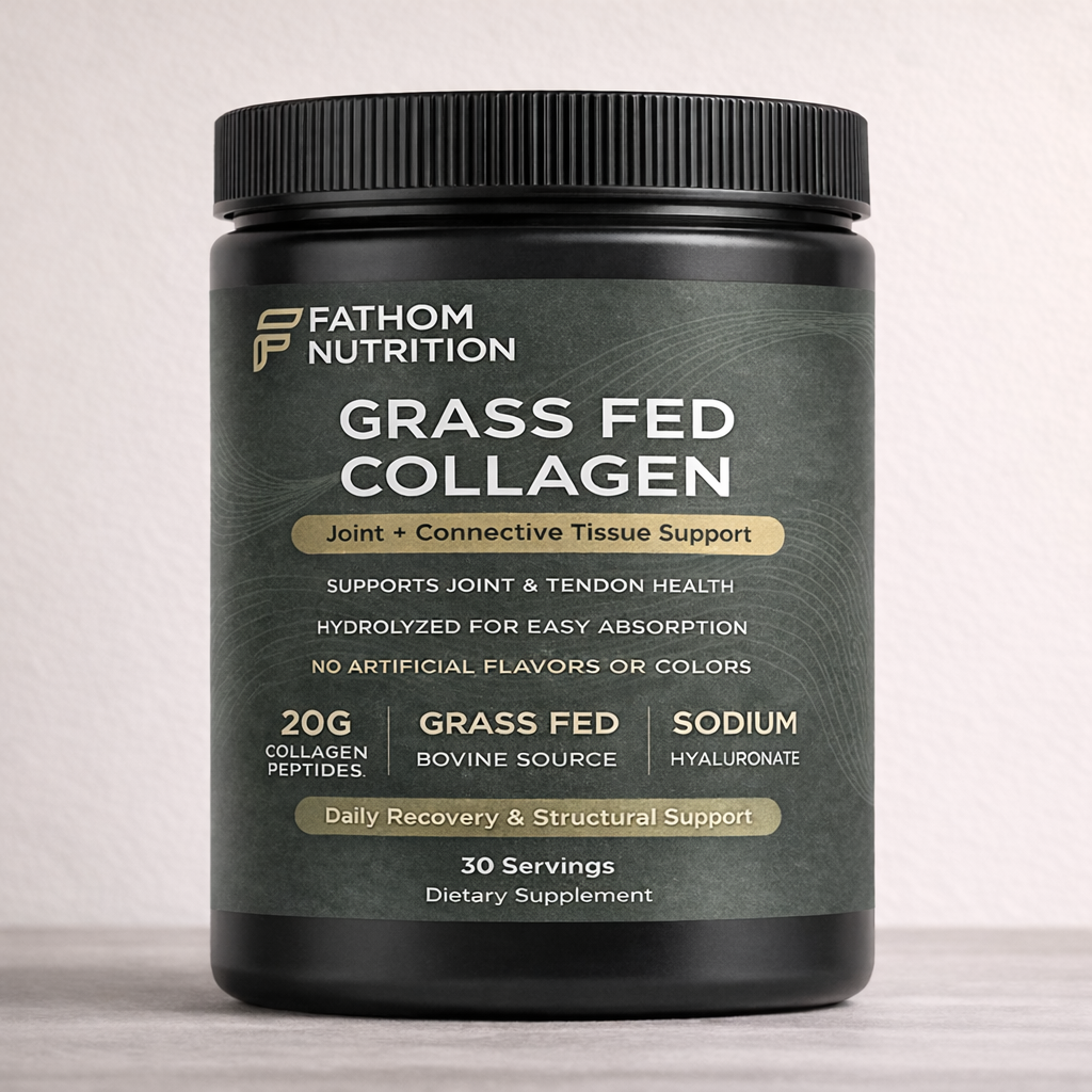 Fathom Nutrition Grass Fed Collagen supplement container on a light background
