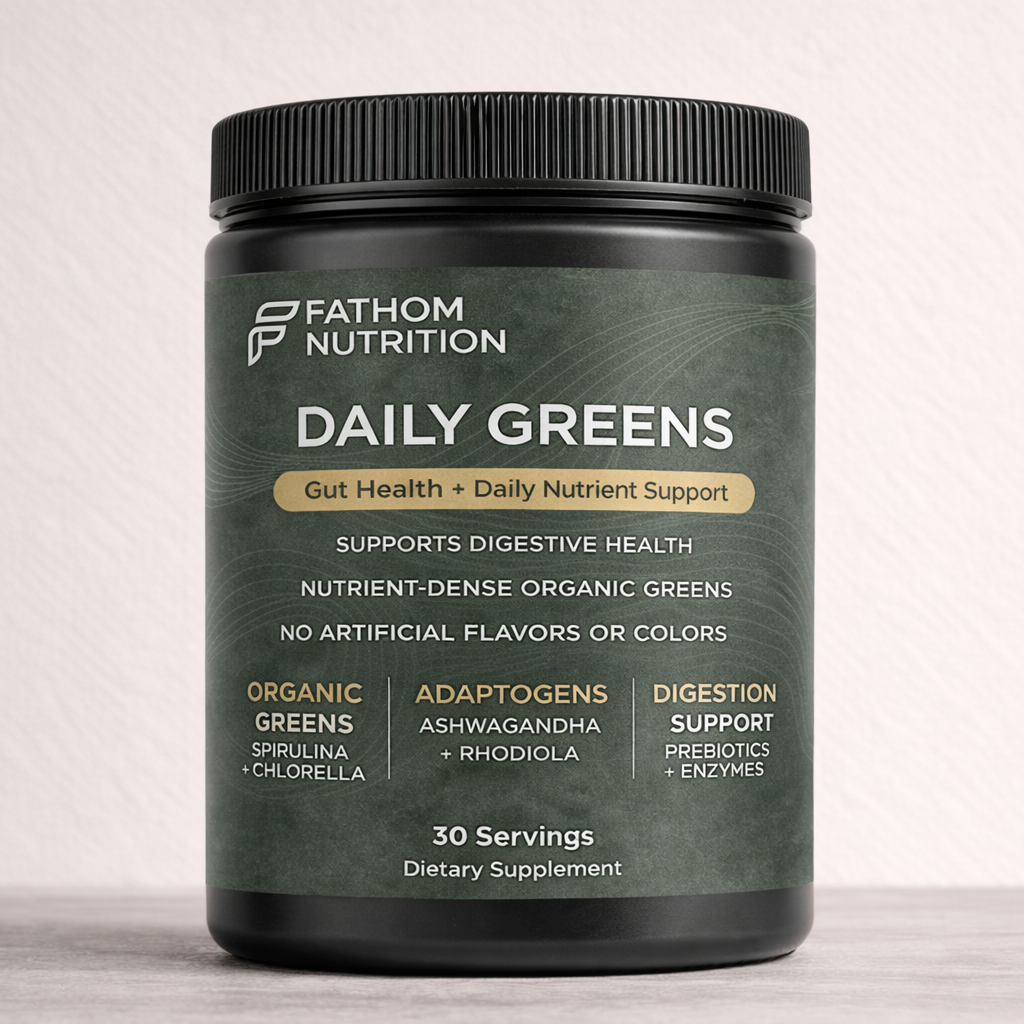 Fathom Nutrition Daily Greens supplement container on a light background