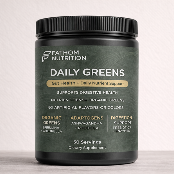 Fathom Nutrition Daily Greens supplement container on a light background