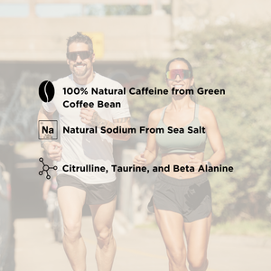 A man and a woman jogging outdoors with a semi-transparent text overlay detailing the ingredients of a pre-workout supplement: 100% natural caffeine from green coffee bean, natural sodium from sea salt, and citrulline, taurine, and beta alanine.