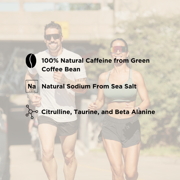 A man and a woman jogging outdoors with a semi-transparent text overlay detailing the ingredients of a pre-workout supplement: 100% natural caffeine from green coffee bean, natural sodium from sea salt, and citrulline, taurine, and beta alanine.