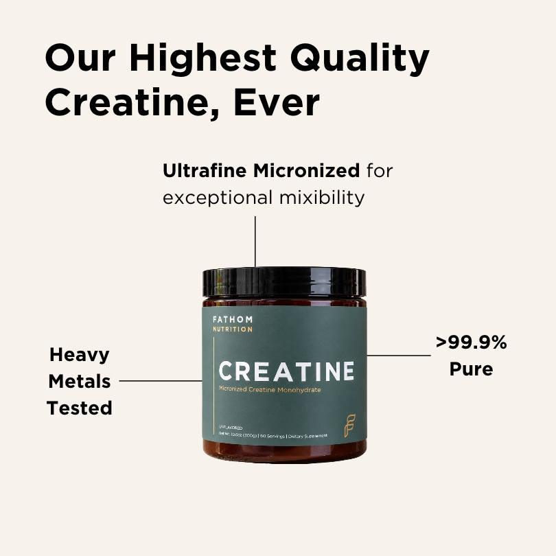 A jar of Fathom Nutrition Creatine Micronized Creatine Monohydrate with a dark green label and black lid, shown on a light stone surface with a scoop of white powder beside it.