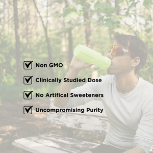 A man in a white t-shirt and sunglasses drinking from a light green bottle in a forest setting, with a text overlay listing product benefits: 'Non GMO', 'Clinically Studied Dose', 'No Artificial Sweeteners', and 'Uncompromising Purity'.