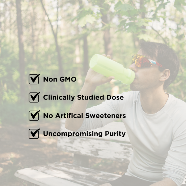 A man in a white t-shirt and sunglasses drinking from a light green bottle in a forest setting, with a text overlay listing product benefits: 'Non GMO', 'Clinically Studied Dose', 'No Artificial Sweeteners', and 'Uncompromising Purity'.