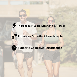 Two people jogging outdoors with a semi-transparent text overlay listing benefits: 'Increases Muscle Strength & Power', 'Promotes Growth of Lean Muscle', and 'Supports Cognitive Performance'.