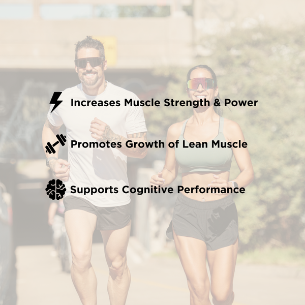 Two people jogging outdoors with a semi-transparent text overlay listing benefits: 'Increases Muscle Strength & Power', 'Promotes Growth of Lean Muscle', and 'Supports Cognitive Performance'.