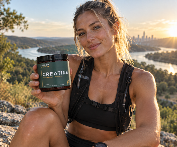 A woman outdoors on a hill overlooking a river and city skyline at sunset, holding a dark green tub of Farnsworth Creatine.