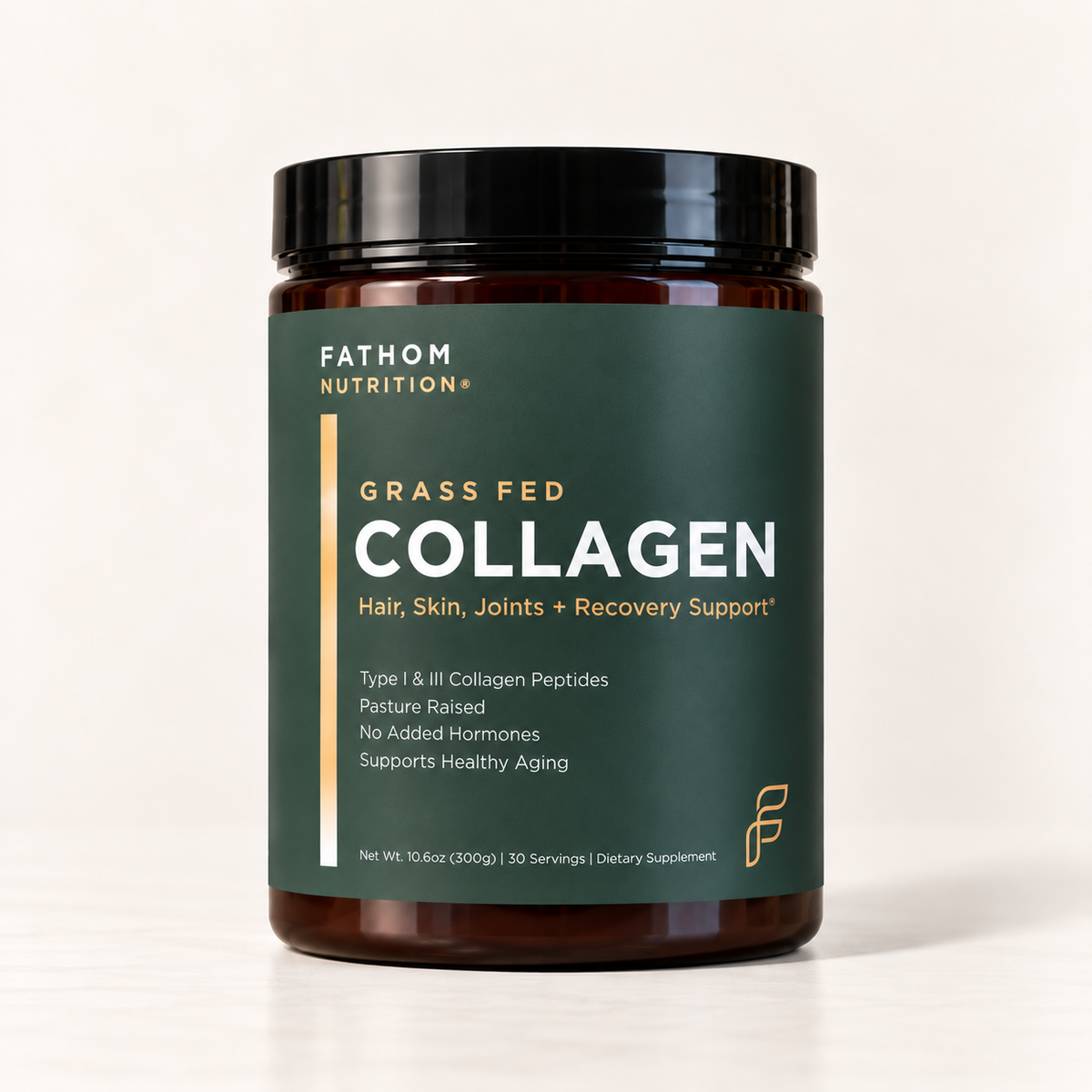 A jar of Fathom Nutrition Grass Fed Collagen powder, featuring a dark green label and black lid, set against a clean white background.