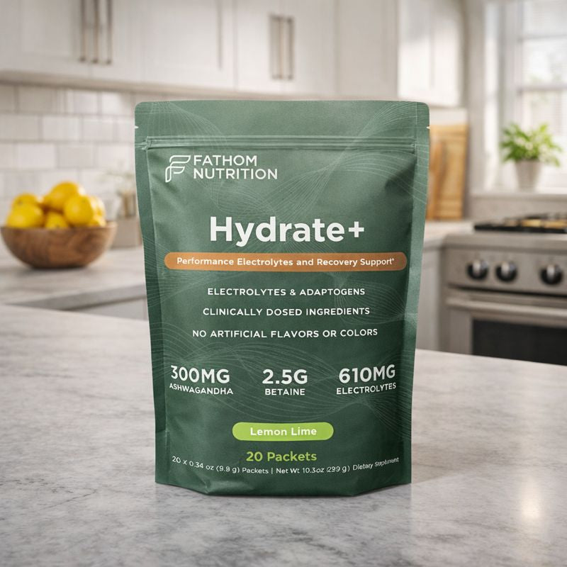 Fathom Nutrition Hydrate+ supplement package on a kitchen counter