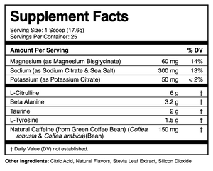 A black and white Supplement Facts label showing ingredients and daily value information for a supplement, including Magnesium, Sodium, Potassium, L-Citullrine, Beta Alanine, Taurine, and Natural Caffeine.