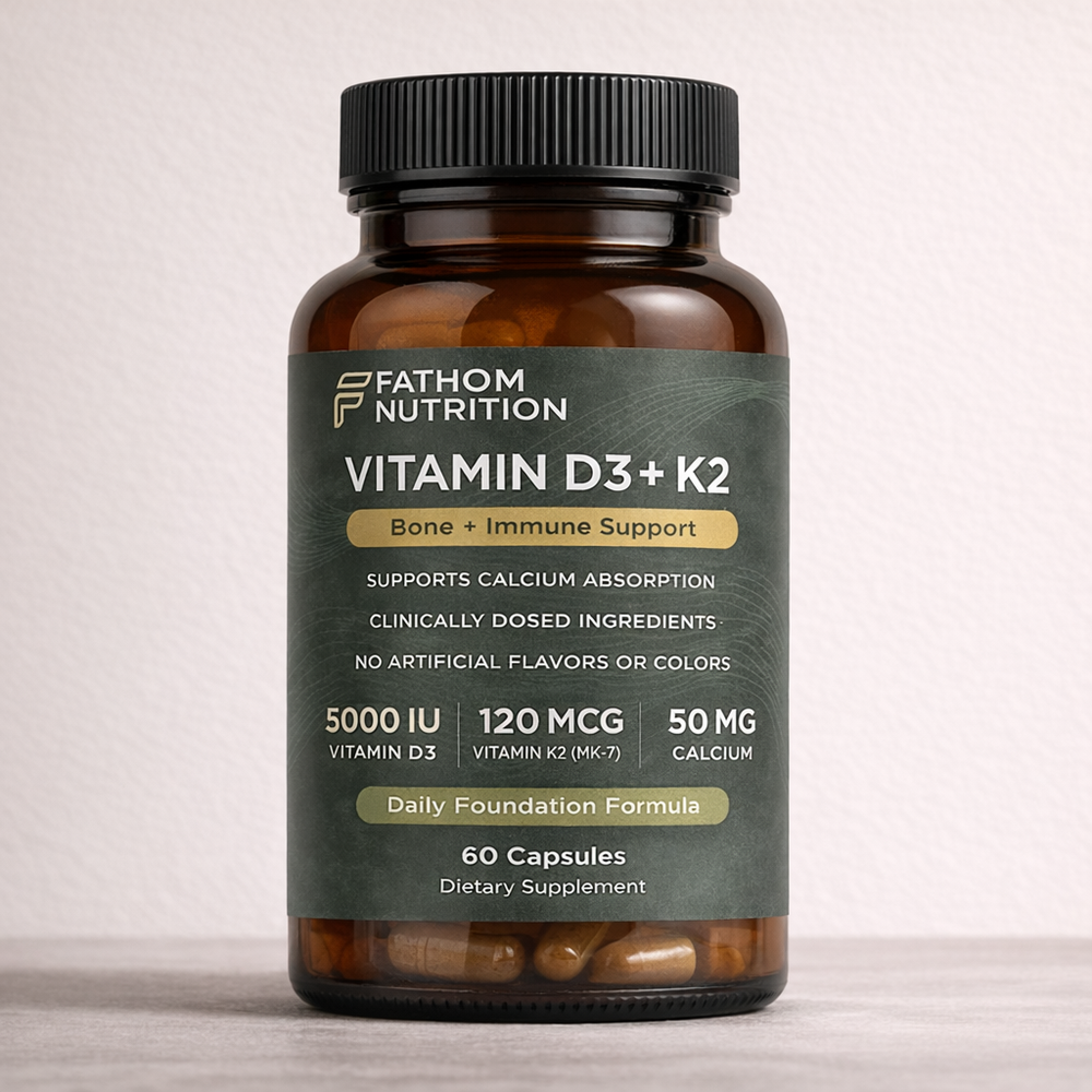 Fathom Nutrition Vitamin D3+K2 supplement bottle by Fathom Nutrition on a light background